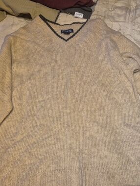Classic Men's V-Neck Sweater in Tan with Contrast Trim